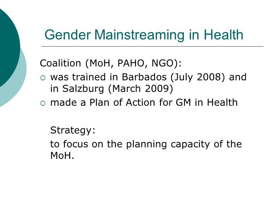 Gender Mainstreaming in Health Coalition (MoH, PAHO, NGO):  was trained in Barbados (July 2008) and in Salzburg (March 2009)  made a Plan of Action for GM in Health Strategy: to focus on the planning capacity of the MoH.