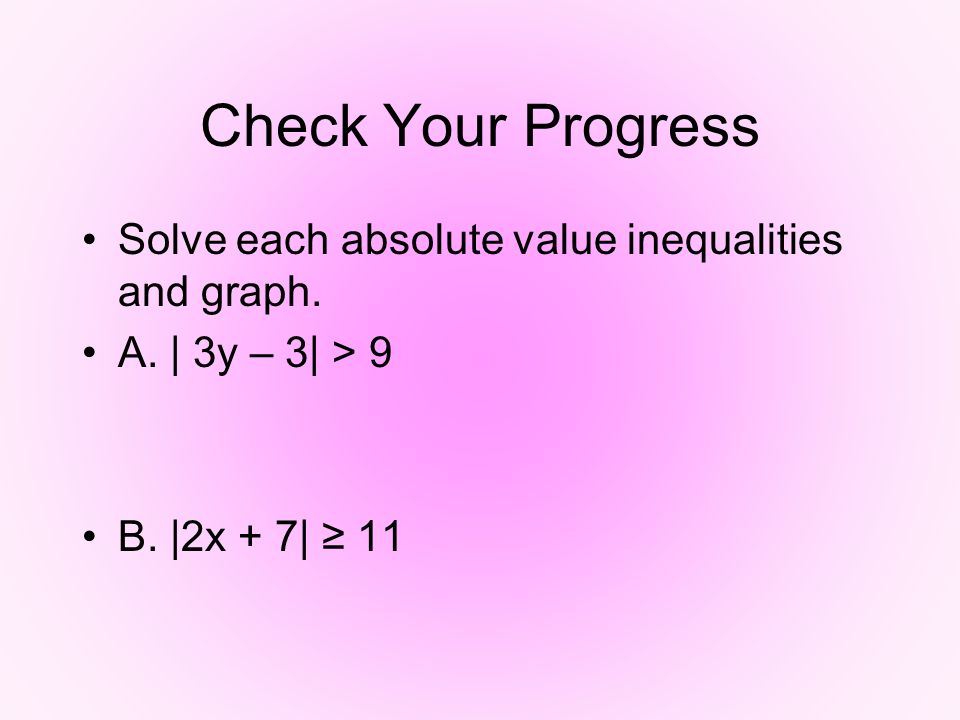 Check Your Progress Solve each absolute value inequalities and graph.