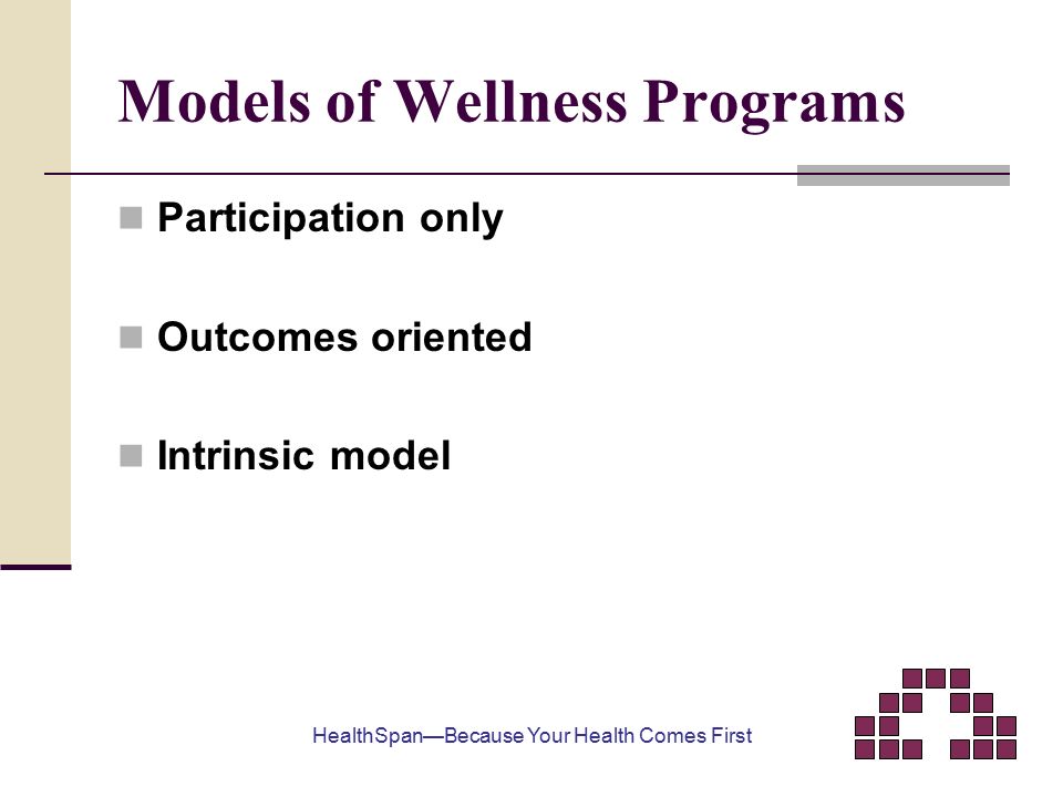 Models of Wellness Programs Participation only Outcomes oriented Intrinsic model HealthSpan—Because Your Health Comes First