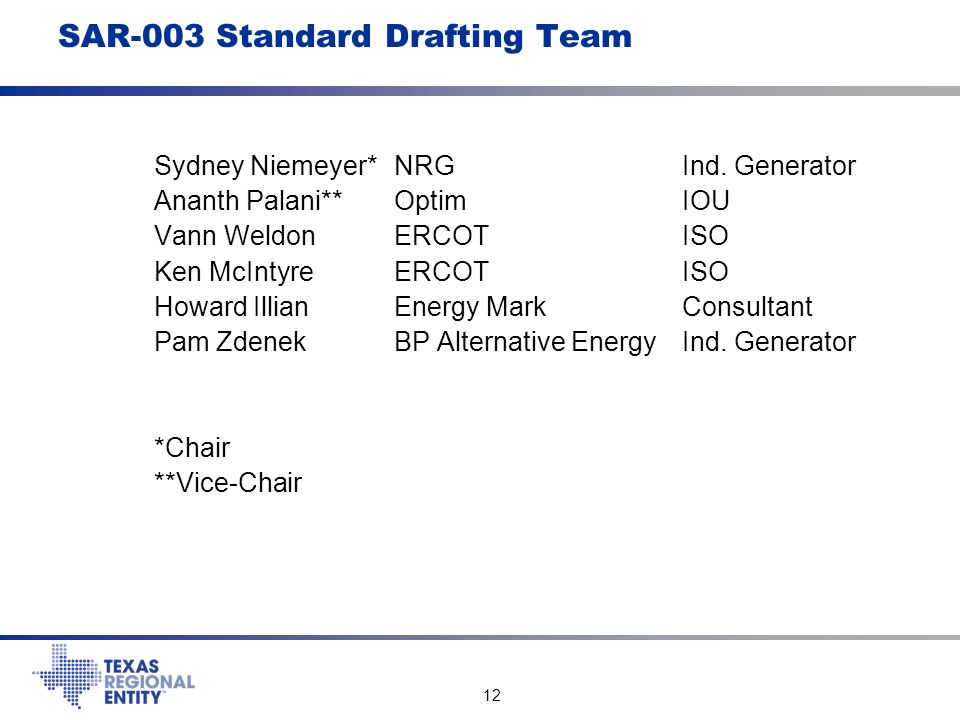 12 SAR-003 Standard Drafting Team Sydney Niemeyer*NRGInd.