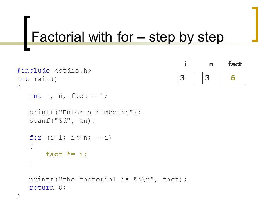 3 i 3 n 6 fact #include int main() { int i, n, fact = 1; printf( Enter a number\n ); scanf( %d , &n); for (i=1; i<=n; ++i) { fact *= i; } printf( the factorial is %d\n , fact); return 0; } Factorial with for – step by step