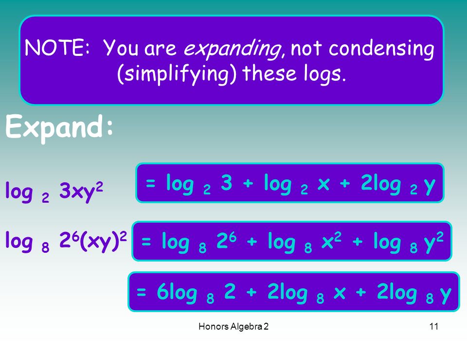 Honors Algebra 21 Properties Of Logarithms During This Lesson You Will Expand The Logarithm Of A Product Quotient Or Power Simplify Condense Ppt Download