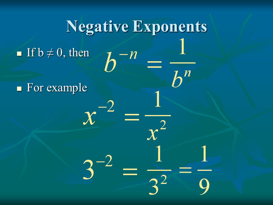 Negative Exponents If b ≠ 0, then If b ≠ 0, then For example For example