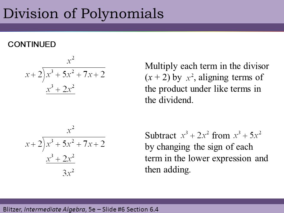 Blitzer, Intermediate Algebra, 5e – Slide #6 Section 6.4 Division of Polynomials Multiply each term in the divisor (x + 2) by, aligning terms of the product under like terms in the dividend.