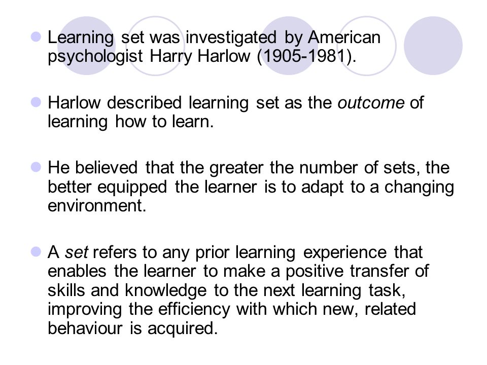 Learning set was investigated by American psychologist Harry Harlow ( ).