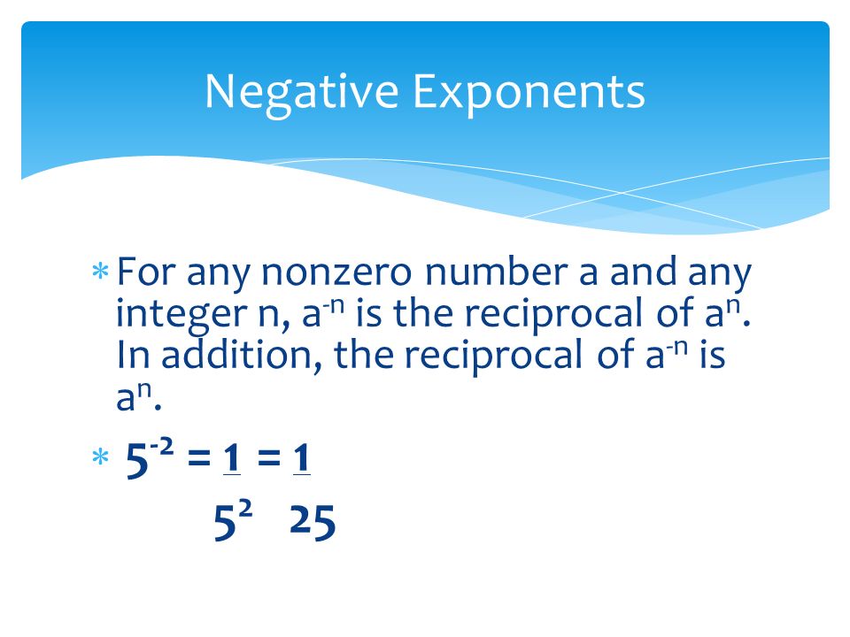  For any nonzero number a and any integer n, a -n is the reciprocal of a n.