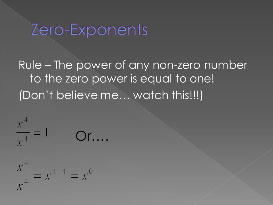 Rule – The power of any non-zero number to the zero power is equal to one.