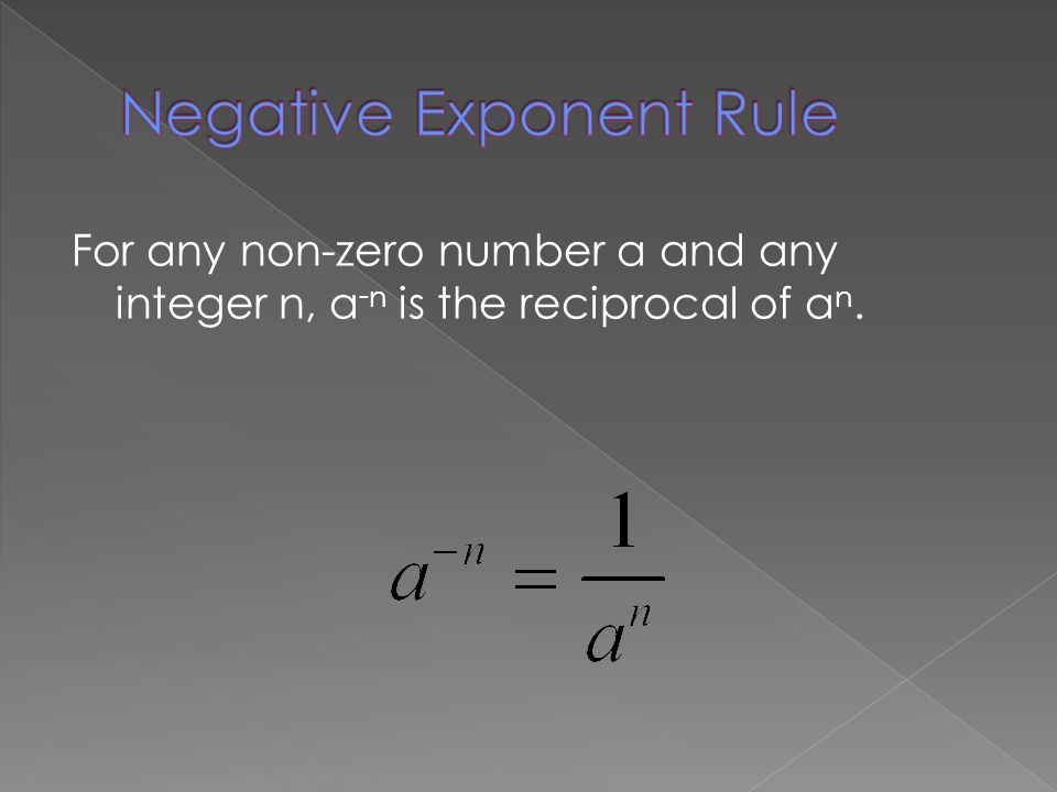 For any non-zero number a and any integer n, a - n is the reciprocal of a n.