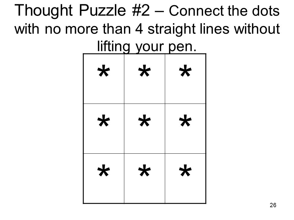 26 Thought Puzzle #2 – Connect the dots with no more than 4 straight lines without lifting your pen.