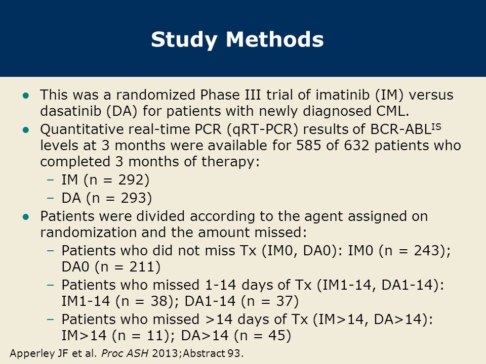 Study Methods This was a randomized Phase III trial of imatinib (IM) versus dasatinib (DA) for patients with newly diagnosed CML.