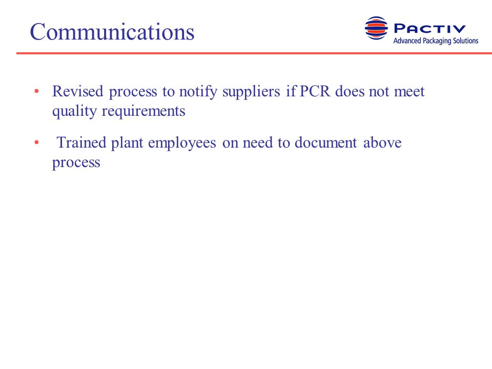 Communications Revised process to notify suppliers if PCR does not meet quality requirements Trained plant employees on need to document above process