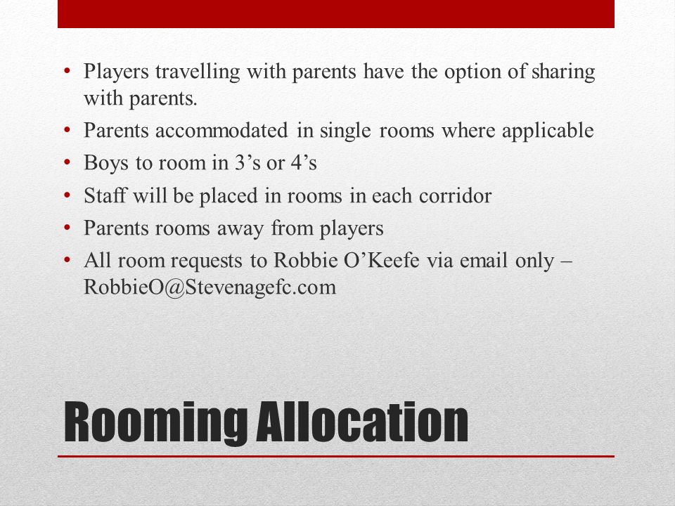 Rooming Allocation Players travelling with parents have the option of sharing with parents.