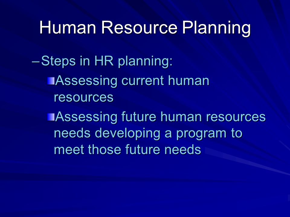 Human Resource Planning –Steps in HR planning: Assessing current human resources Assessing future human resources needs developing a program to meet those future needs