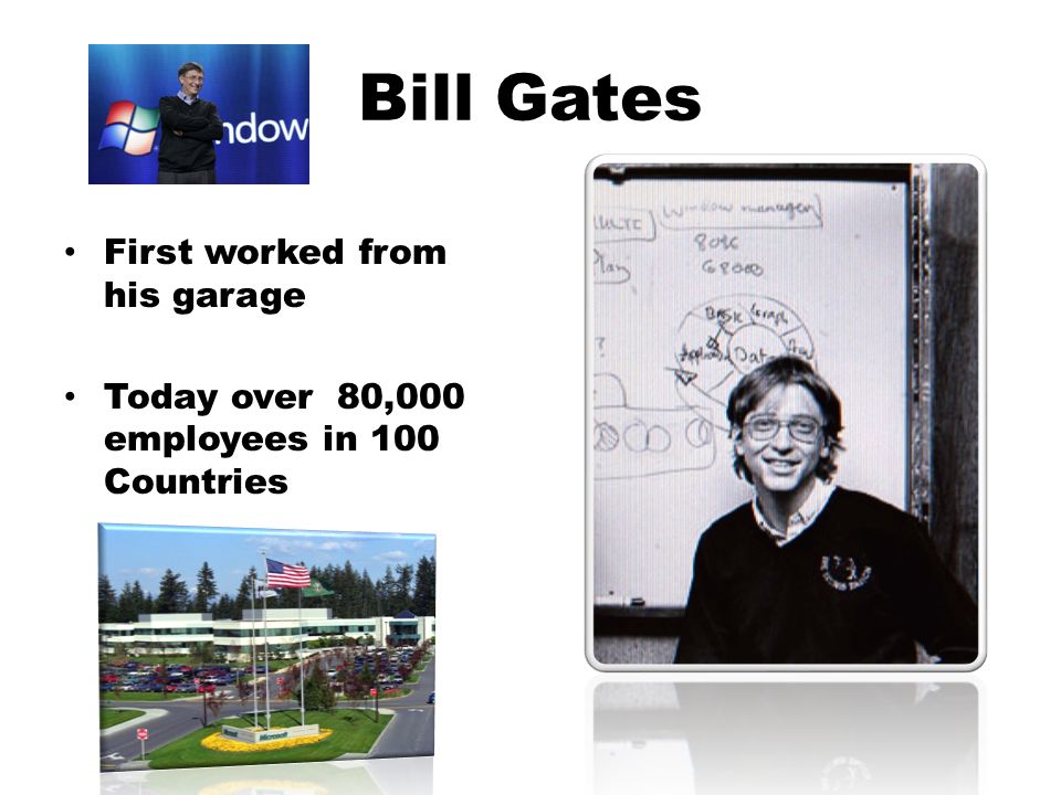 Bill Gates First worked from his garage Today over 80,000 employees in 100 Countries