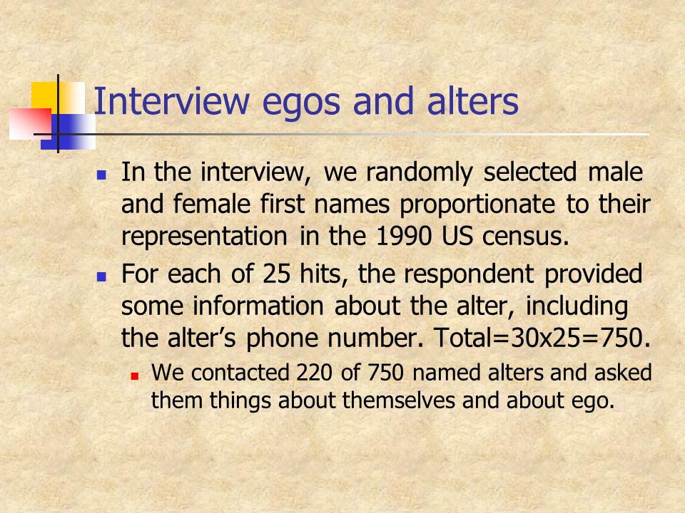 Interview egos and alters In the interview, we randomly selected male and female first names proportionate to their representation in the 1990 US census.