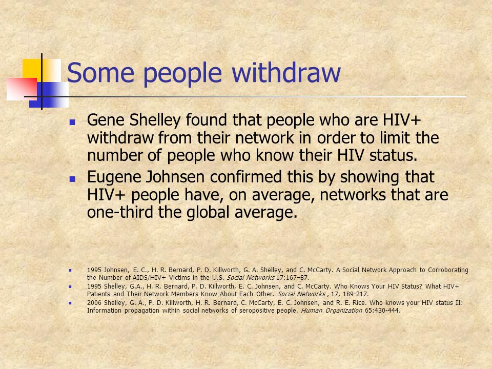 Some people withdraw Gene Shelley found that people who are HIV+ withdraw from their network in order to limit the number of people who know their HIV status.