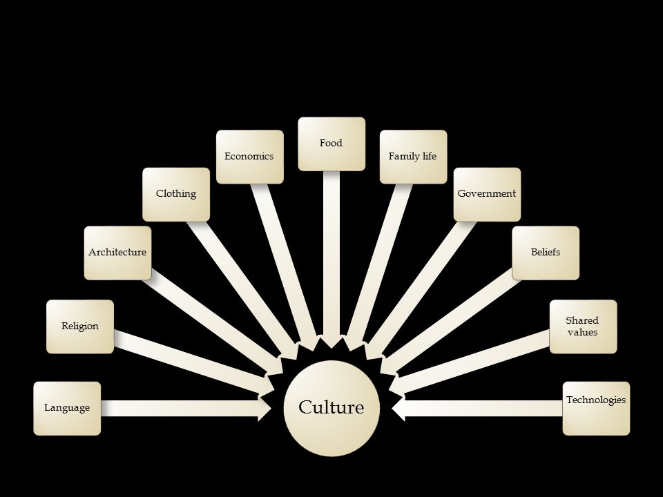 Culture LanguageReligionArchitectureClothingEconomicsFoodFamily lifeGovernmentBeliefs Shared values Technologies