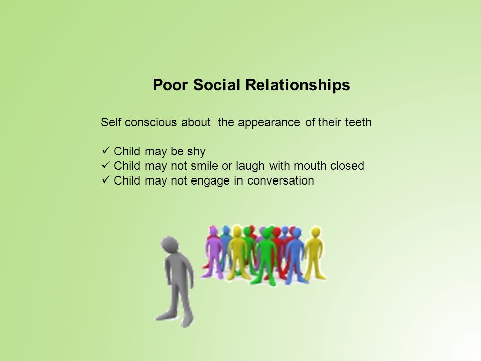 Self conscious about the appearance of their teeth Child may be shy Child may not smile or laugh with mouth closed Child may not engage in conversation Poor Social Relationships