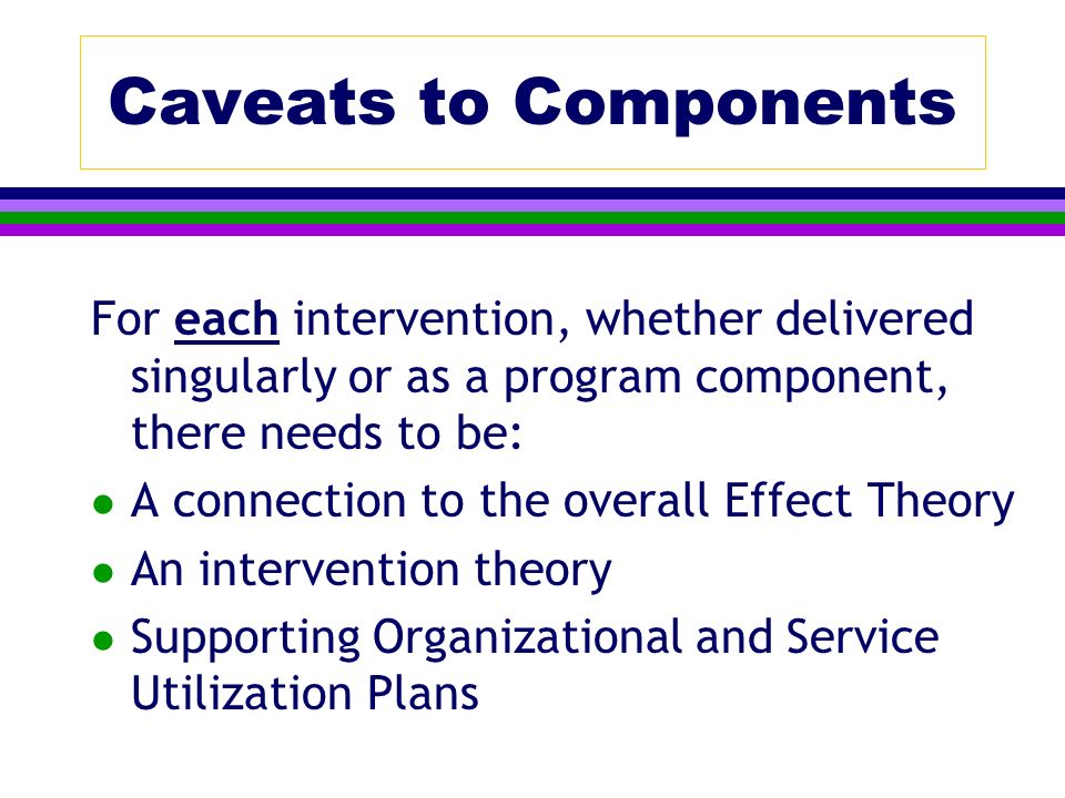 Caveats to Components For each intervention, whether delivered singularly or as a program component, there needs to be: l A connection to the overall Effect Theory l An intervention theory l Supporting Organizational and Service Utilization Plans