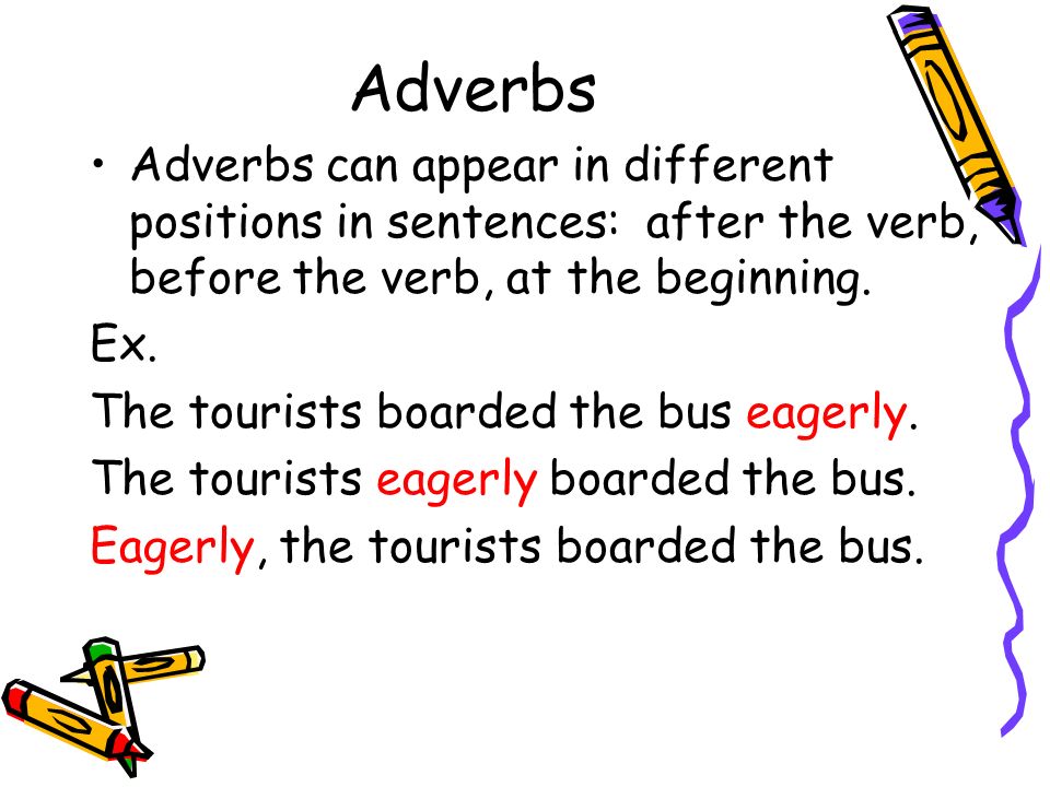 Adverbs can appear in different positions in sentences: after the verb, before the verb, at the beginning.