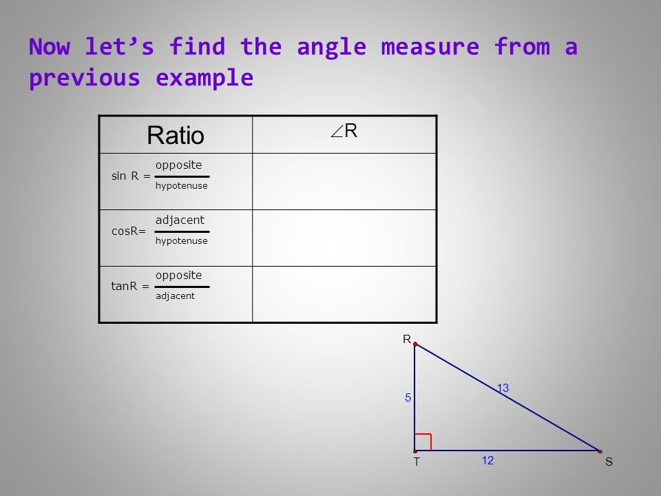 Now let’s find the angle measure from a previous example Ratio RR sin R = opposite hypotenuse cosR= adjacent hypotenuse tanR = opposite adjacent R TS
