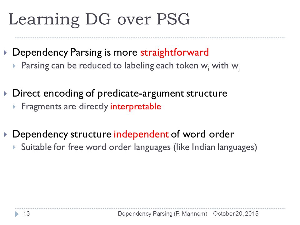 Learning DG over PSG October 20, 2015Dependency Parsing (P.