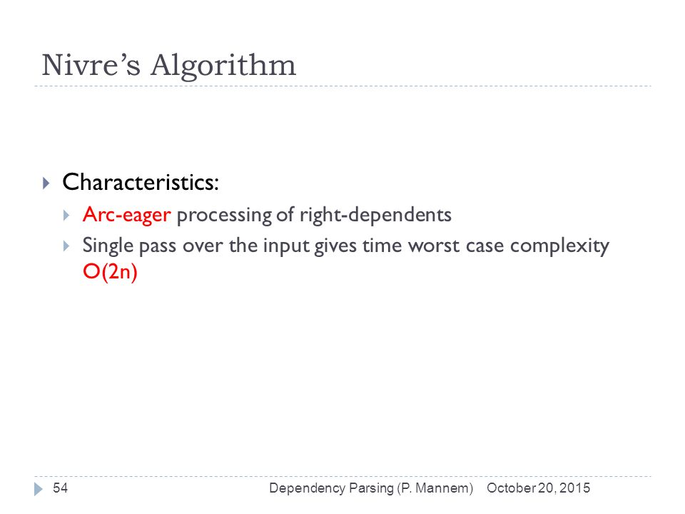 Nivre’s Algorithm October 20, 2015Dependency Parsing (P.