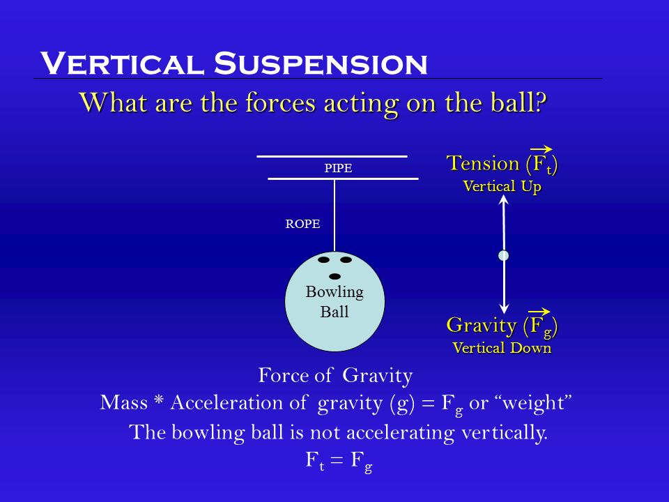Bowling Ball PIPE ROPE Tension (F t ) Vertical Up Gravity (F g ) Vertical Down What are the forces acting on the ball.