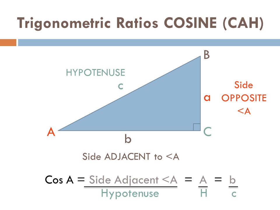 Trigonometric Ratios COSINE (CAH) b a c C B A HYPOTENUSE Side ADJACENT to <A Side OPPOSITE <A Cos A = Side Adjacent <A = A = b Hypotenuse H c