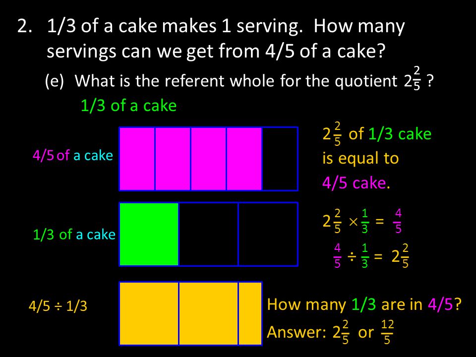 2 1 3 Of A Cake Makes 1 Serving How Many Servings Can We Get From 4 5 Of A Cake A Write An Equation To Represent The Problem Let X Be The Answer Ppt Download