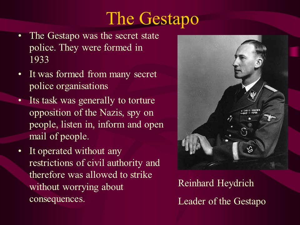 The Terror State Both the Gestapo and the SS were run by Heinrich Himmler.