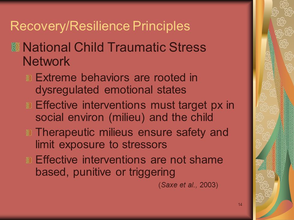 14 Recovery/Resilience Principles National Child Traumatic Stress Network Extreme behaviors are rooted in dysregulated emotional states Effective interventions must target px in social environ (milieu) and the child Therapeutic milieus ensure safety and limit exposure to stressors Effective interventions are not shame based, punitive or triggering (Saxe et al., 2003)