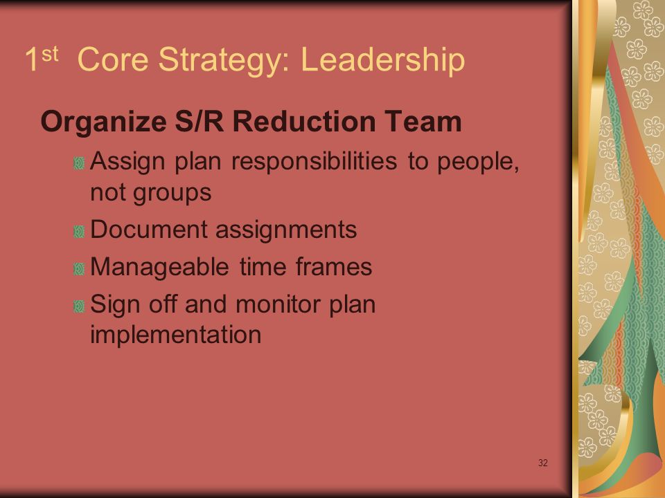 32 1 st Core Strategy: Leadership Organize S/R Reduction Team Assign plan responsibilities to people, not groups Document assignments Manageable time frames Sign off and monitor plan implementation