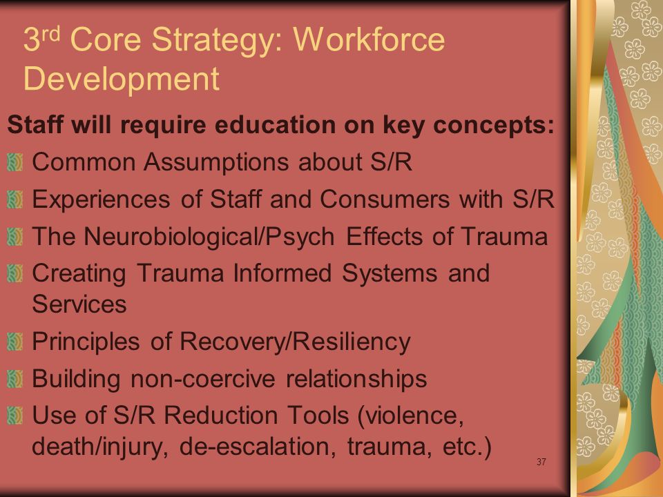 37 3 rd Core Strategy: Workforce Development Staff will require education on key concepts: Common Assumptions about S/R Experiences of Staff and Consumers with S/R The Neurobiological/Psych Effects of Trauma Creating Trauma Informed Systems and Services Principles of Recovery/Resiliency Building non-coercive relationships Use of S/R Reduction Tools (violence, death/injury, de-escalation, trauma, etc.)