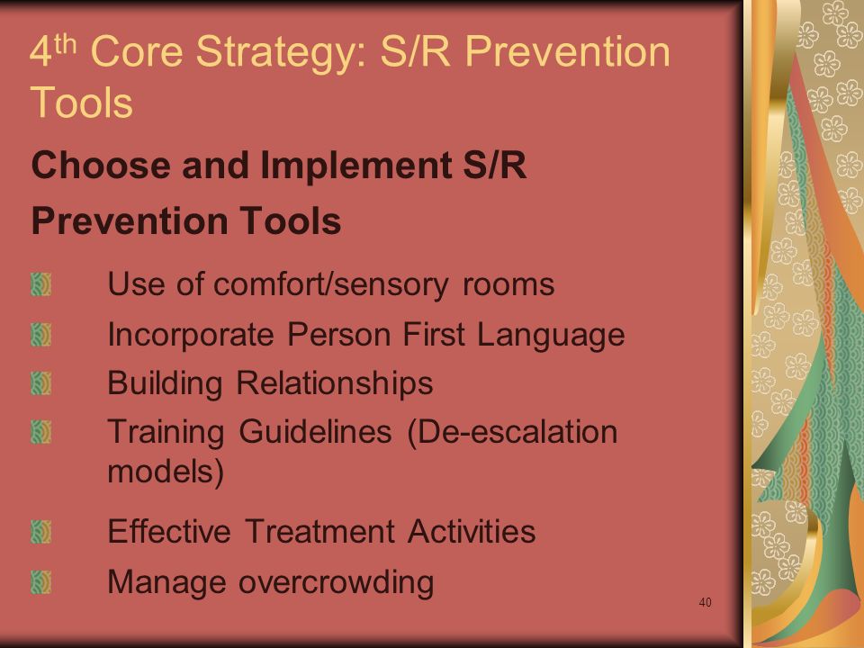 40 4 th Core Strategy: S/R Prevention Tools Choose and Implement S/R Prevention Tools Use of comfort/sensory rooms Incorporate Person First Language Building Relationships Training Guidelines (De-escalation models) Effective Treatment Activities Manage overcrowding