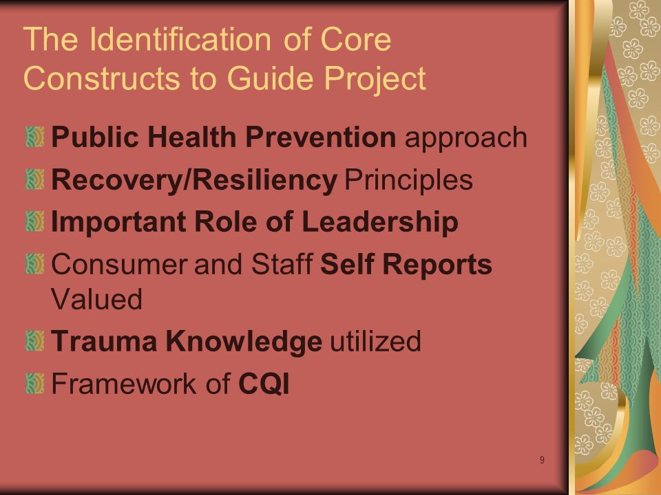 9 The Identification of Core Constructs to Guide Project Public Health Prevention approach Recovery/Resiliency Principles Important Role of Leadership Consumer and Staff Self Reports Valued Trauma Knowledge utilized Framework of CQI