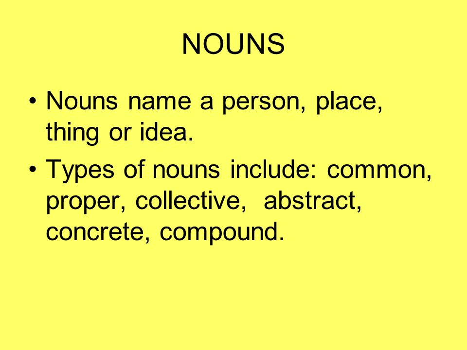 NOUNS Nouns name a person, place, thing or idea.