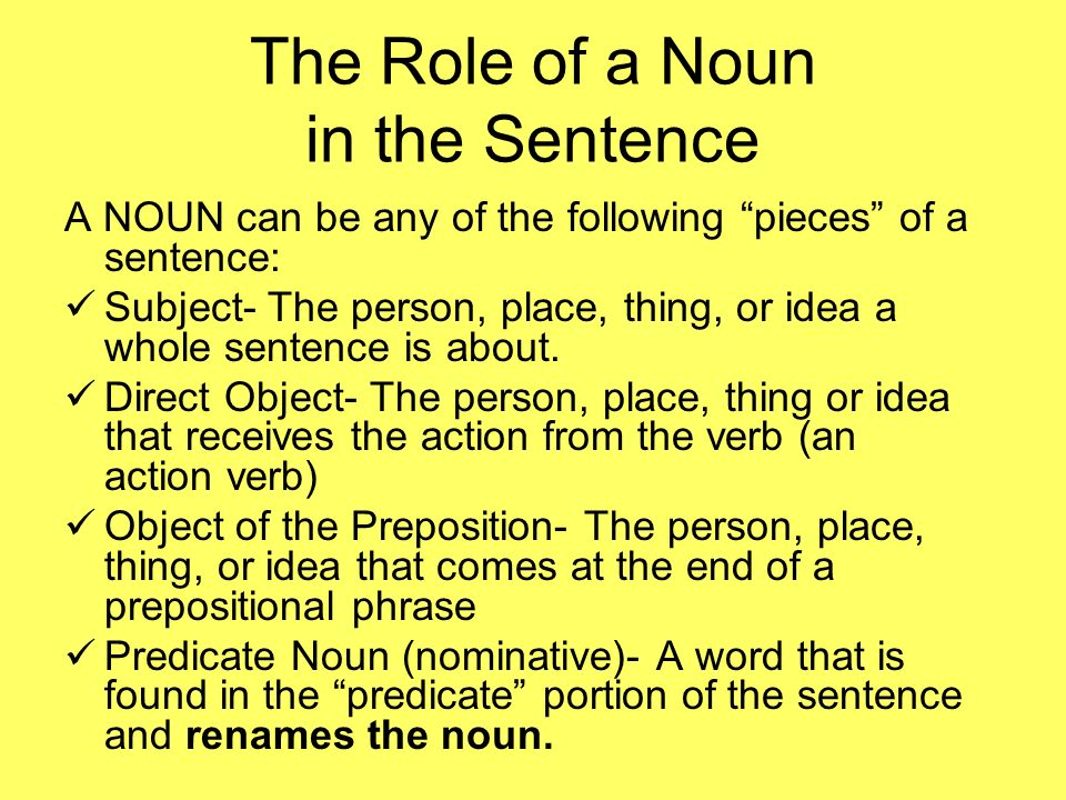 The Role of a Noun in the Sentence A NOUN can be any of the following pieces of a sentence: Subject- The person, place, thing, or idea a whole sentence is about.