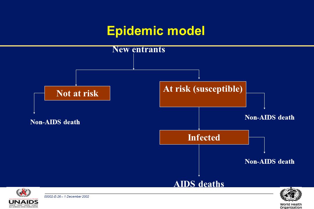 00002-E-26 – 1 December 2002 Epidemic model New entrants Not at risk At risk (susceptible) Infected AIDS deaths Non-AIDS death