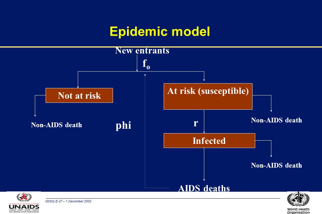 00002-E-27 – 1 December 2002 Epidemic model New entrants Not at risk At risk (susceptible) Infected AIDS deaths Non-AIDS death fofo r phi