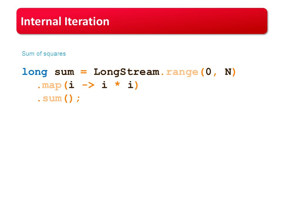 Internal Iteration Sum of squares long sum = LongStream.range(0, N).map(i -> i * i).sum();