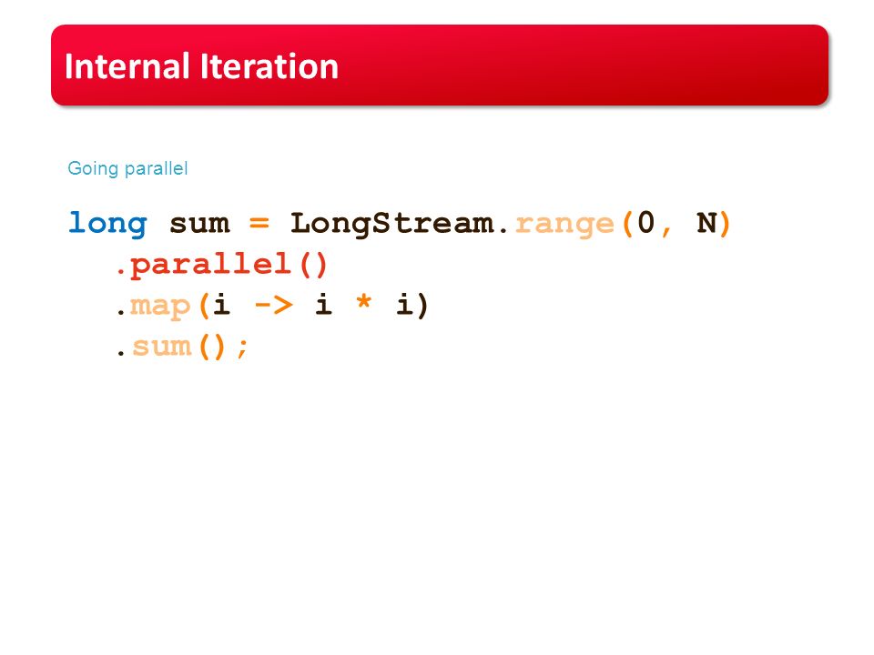 Internal Iteration Going parallel long sum = LongStream.range(0, N).parallel().map(i -> i * i).sum();