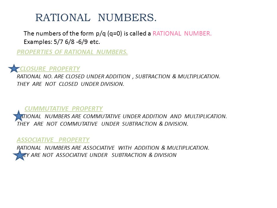 The numbers of the form p/q (q=0) is called a RATIONAL NUMBER.