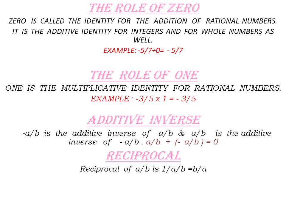 THE ROLE OF ZERO ZERO IS CALLED THE IDENTITY FOR THE ADDITION OF RATIONAL NUMBERS.
