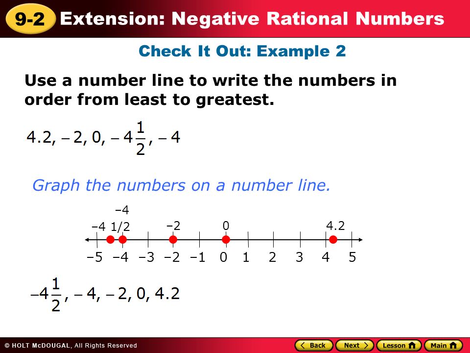 9-2 Extension: Negative Rational Numbers Check It Out: Example 2 Use a number line to write the numbers in order from least to greatest.