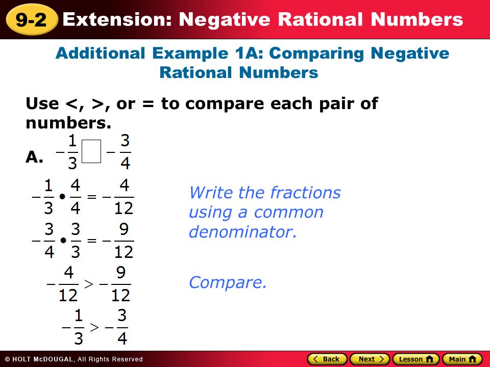 9-2 Extension: Negative Rational Numbers Additional Example 1A: Comparing Negative Rational Numbers Use, or = to compare each pair of numbers.