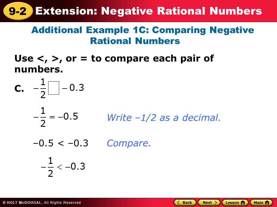 9-2 Extension: Negative Rational Numbers Additional Example 1C: Comparing Negative Rational Numbers Use, or = to compare each pair of numbers.