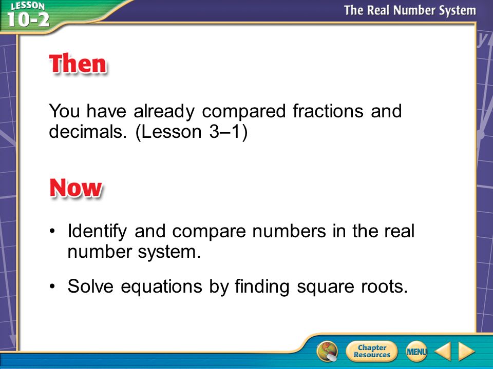Then/Now You have already compared fractions and decimals.