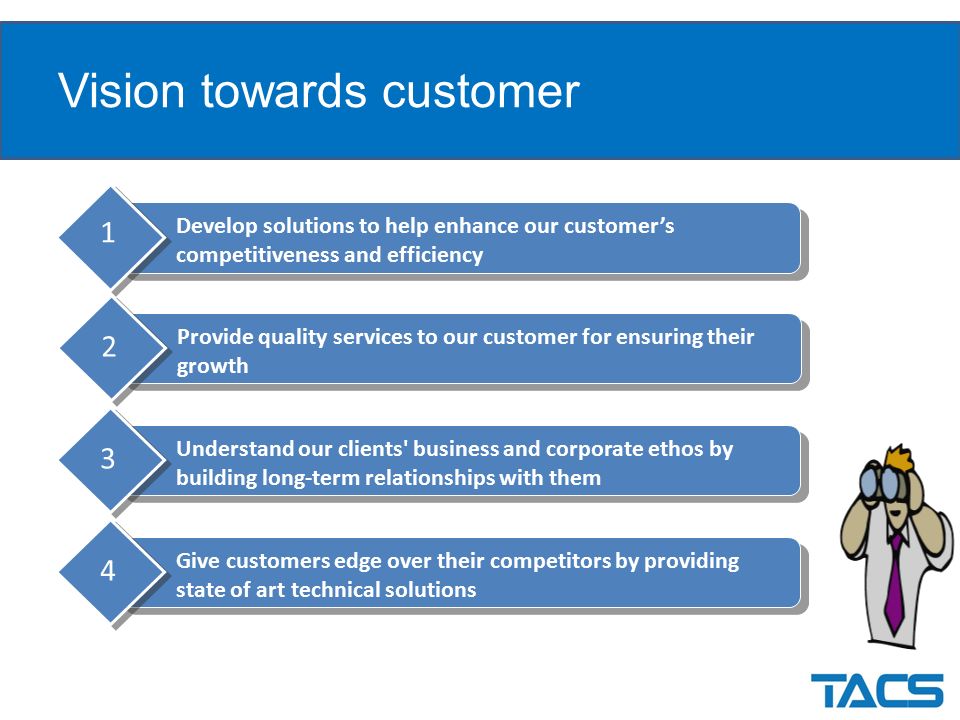 Vision towards customer Provide quality services to our customer for ensuring their growth 2 Develop solutions to help enhance our customer’s competitiveness and efficiency 1 Understand our clients business and corporate ethos by building long-term relationships with them 3 Give customers edge over their competitors by providing state of art technical solutions 4