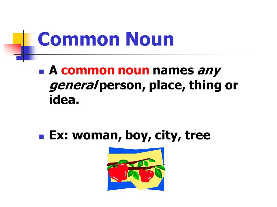 Common Noun A common noun names any general person, place, thing or idea.